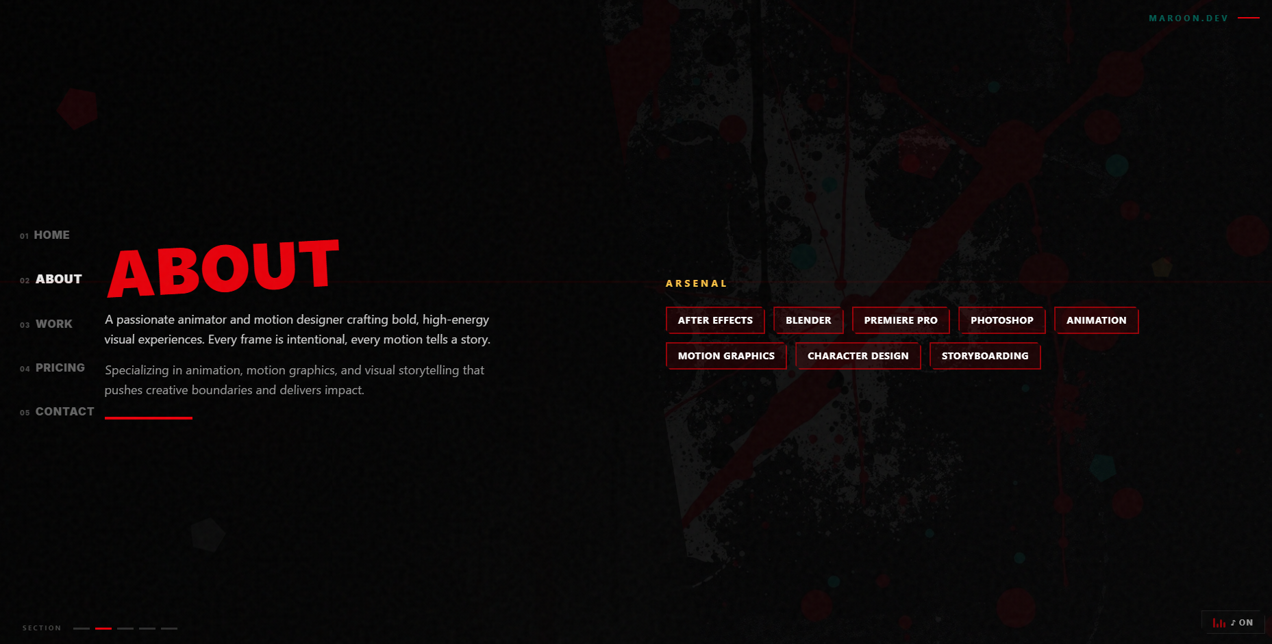 About Page - Skills arsenal with animated tool badges and bio section