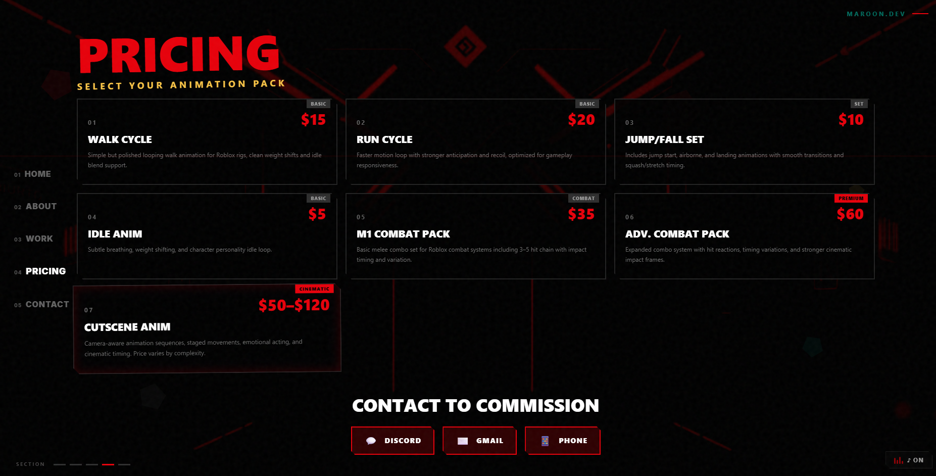Pricing Page - Animation pack pricing grid with tier badges and commission CTA