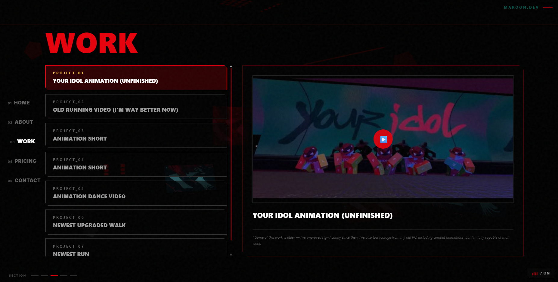 Work Page - Interactive project list with video preview on hover/select