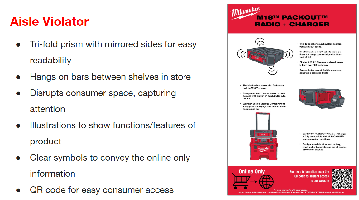 Aisle Violator - Tri-fold prism design with product features and QR code