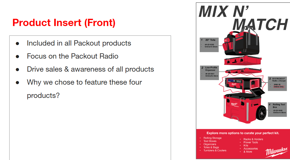 Product Insert (Front) - Mix N' Match exploded view of Packout system
